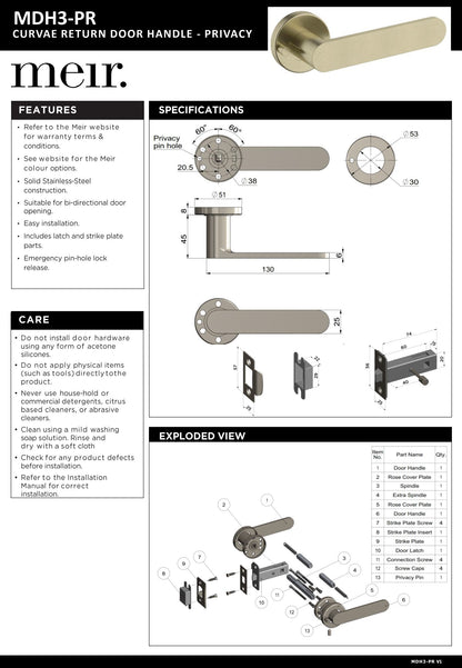 Meir Curvae Flat Privacy Lever Door Handles - various colour finishes