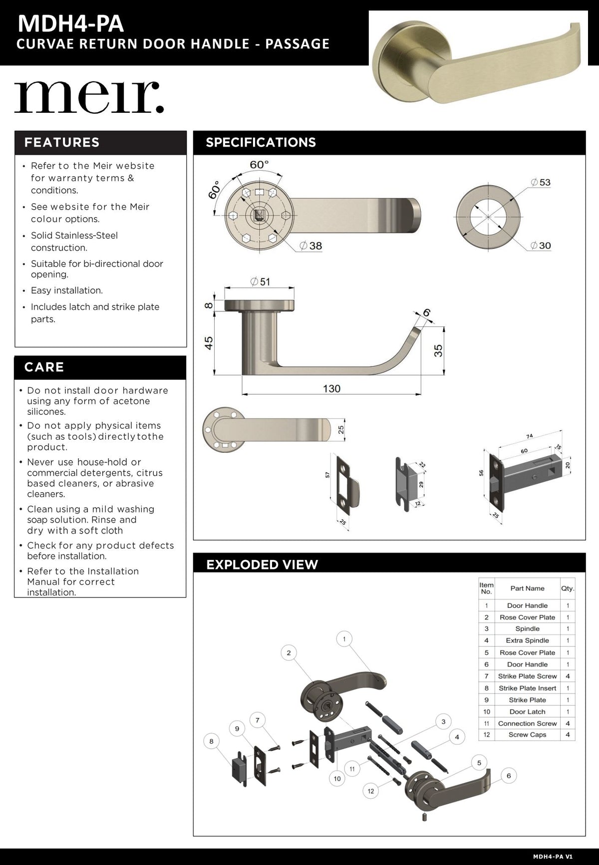 Meir Curvae Return Passage Lever Door Handles - various colour finishes