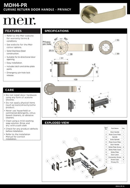 Meir Curvae Return Privacy Lever Door Handles - various colour finishes