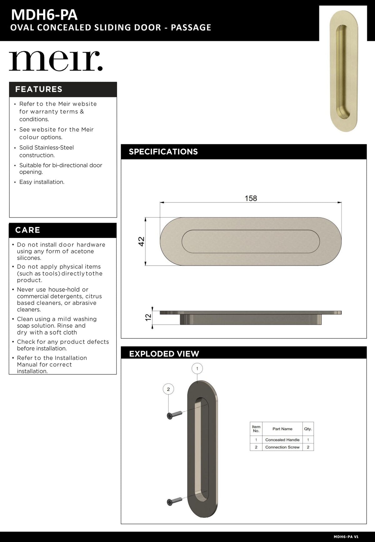 Meir Curvae Oval Flush Passage Pull Handle - various colour finishes