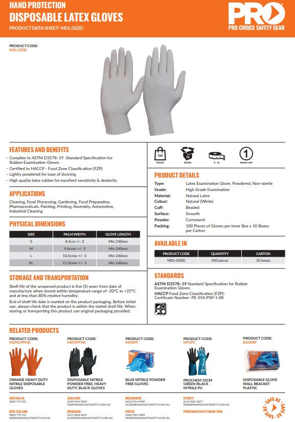 Pro Choice Disposable Latex Powdered Gloves - 10 Boxes 100 pieces per Box in 4 Size Options