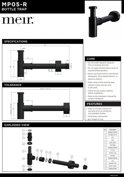 Meir Round bottle trap for 32mm basin waste and 32mm waste pipe with 40mm adapter - Various Colour Finishes