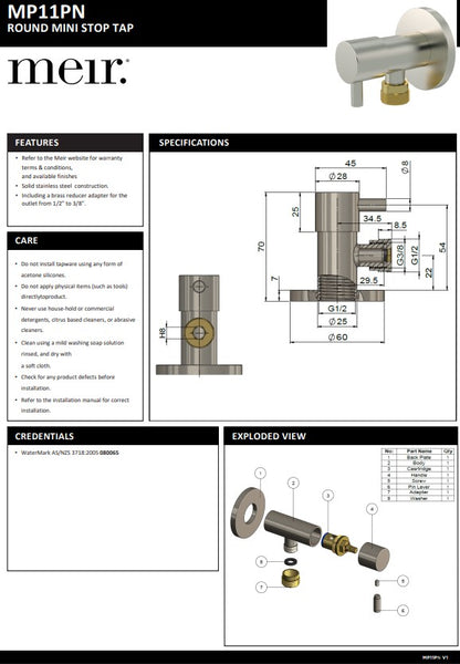 Meir Round Mini Stop Cistern Tap with or without Backplate - Various Colour Finishes