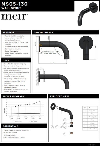Meir Universal Round Curved Spout 130mm - Various Colour Finishes