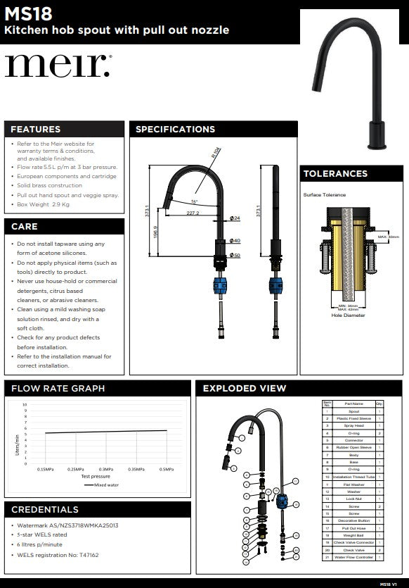 Meir Kitchen hob spout with pull out nozzle - Various Colour Finishes