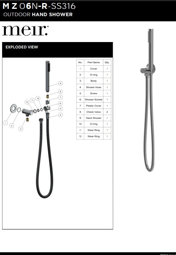 Meir Outdoor Round Hand Shower on Swivel Bracket SS316