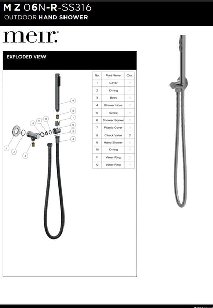 Meir Outdoor Round Hand Shower on Swivel Bracket SS316