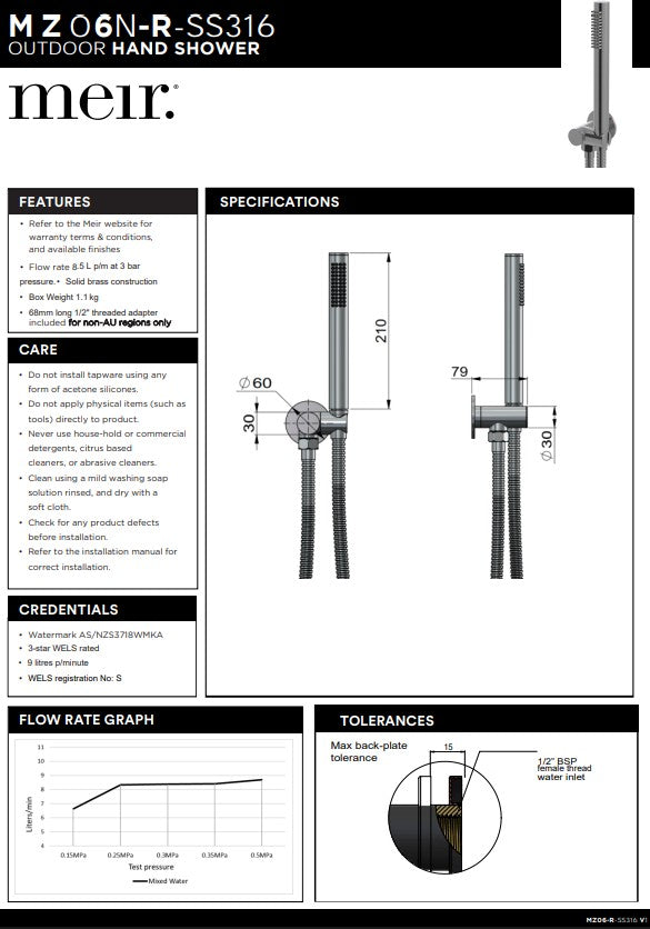 Meir Outdoor Round Hand Shower on Swivel Bracket SS316