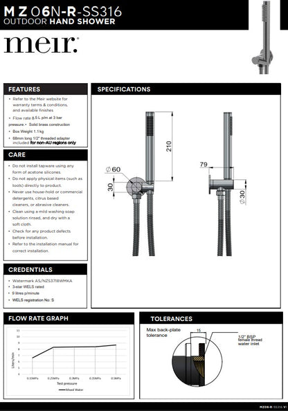 Meir Outdoor Round Hand Shower on Swivel Bracket SS316