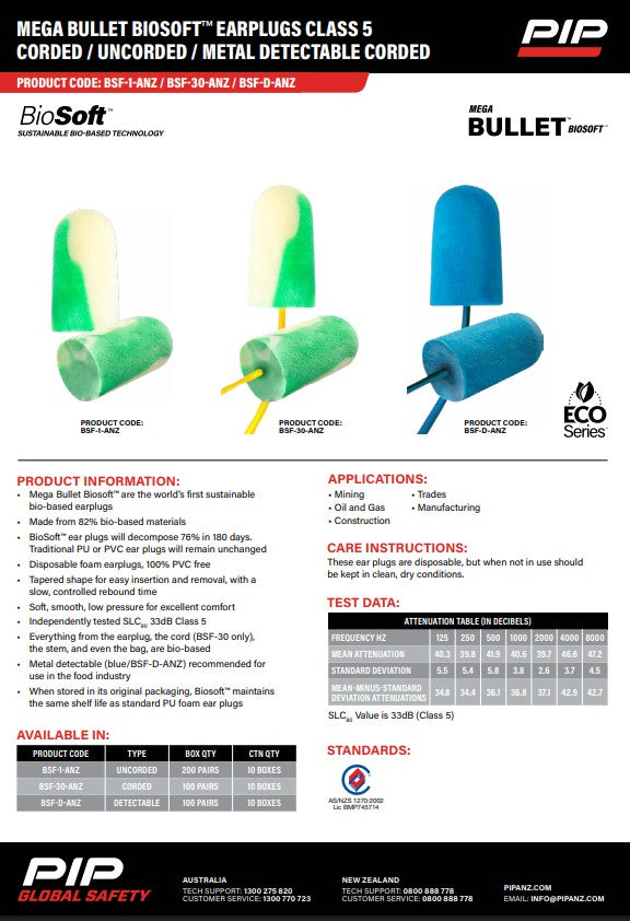Mega Bullet Biosoft Earplugs - corded/uncorded x box quantity