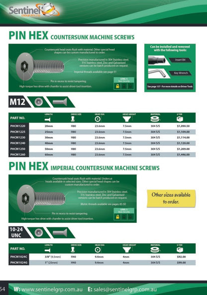 Pin Hex Countersunk 304 Stainless Steel Machine Screw Imperial Box of 100 - Made to Order in Various  Lengths