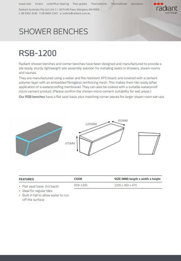 Radiant Thermasheet shower seat 1200 x 450 x 470 mm