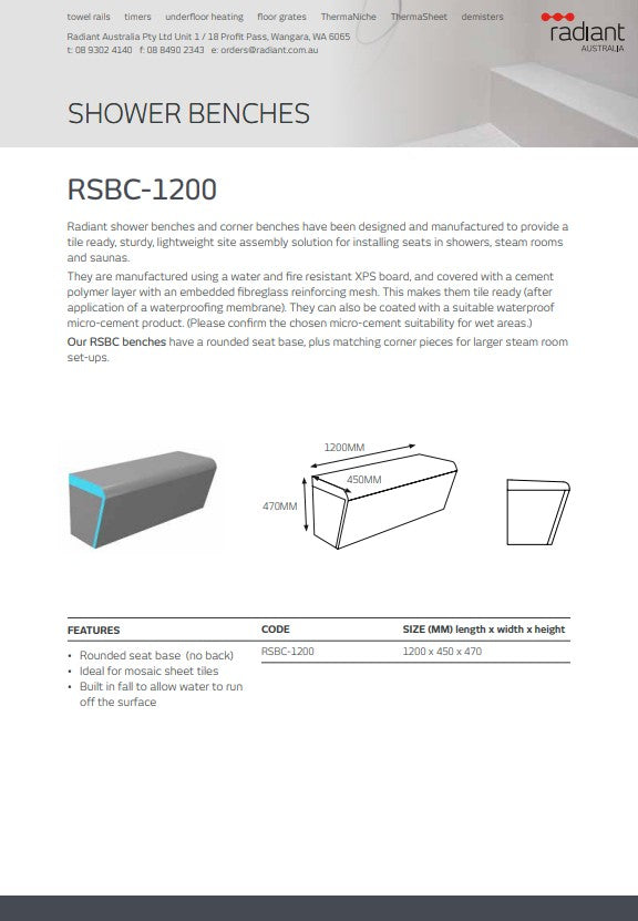 Radiant Thermasheet curved shower seat 1200 x 450 x 470 mm