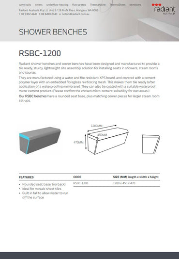 Radiant Thermasheet curved shower seat 1200 x 450 x 470 mm