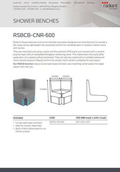 Thermasheet Curved corner shower seat with back 600 x 600 x 870 mm