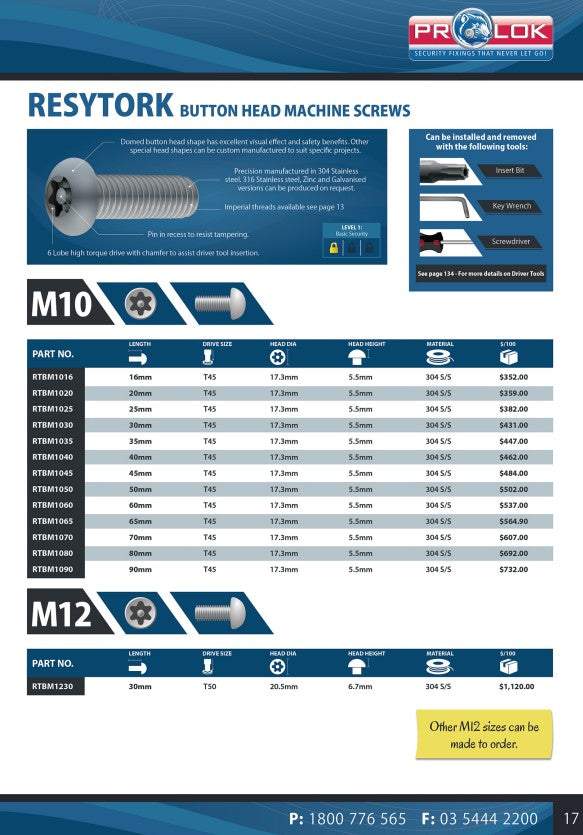 Resytork Button Head 304 Stainless Steel Machine Screw Box of 100 - Various Metric Sizes
