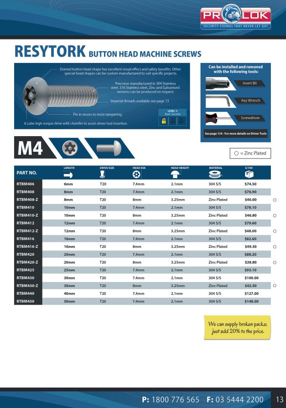 Resytork Button Head 304 Stainless Steel Machine Screw Box of 100 - Various Metric Sizes