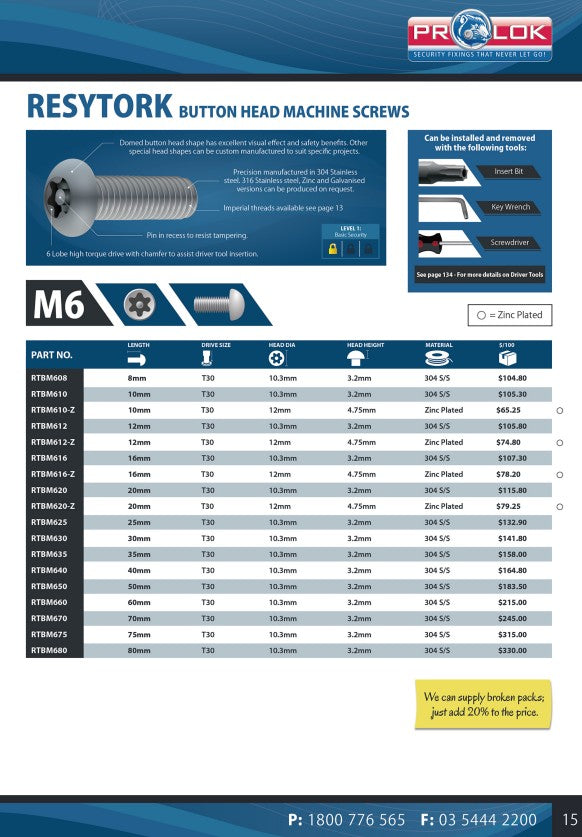 Resytork Button Head 304 Stainless Steel Machine Screw Box of 100 - Various Metric Sizes