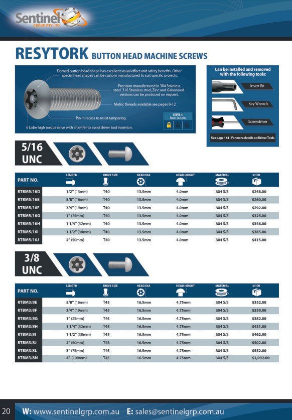 Resytork Button Head 304 Stainless Steel Machine Screw Box of 100 - Various Imperial Sizes