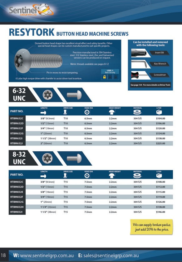 Resytork Button Head 304 Stainless Steel Machine Screw Box of 100 - Various Imperial Sizes
