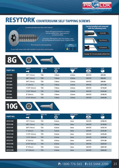 Resytork Countersunk 304 Stainless Steel Self Tapping Screw Box of 100 - in Various Sizes