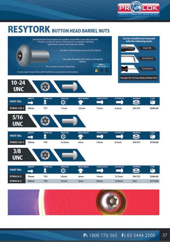 Resytork Button Head Barrel Nuts Box of 100 - 3 Material Options in Various Sizes