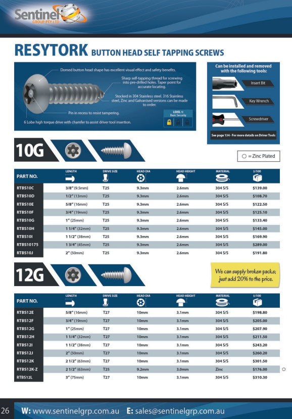 Resytork Button Head Self Tapping Screw Box of 100 - 2 Materials in Various Sizes