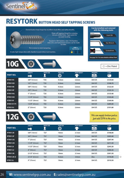 Resytork Button Head Self Tapping Screw Box of 100 - 2 Materials in Various Sizes