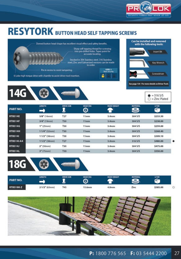 Resytork Button Head Self Tapping Screw Box of 100 - 2 Materials in Various Sizes