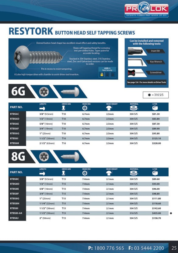 Resytork Button Head Self Tapping Screw Box of 100 - 2 Materials in Various Sizes