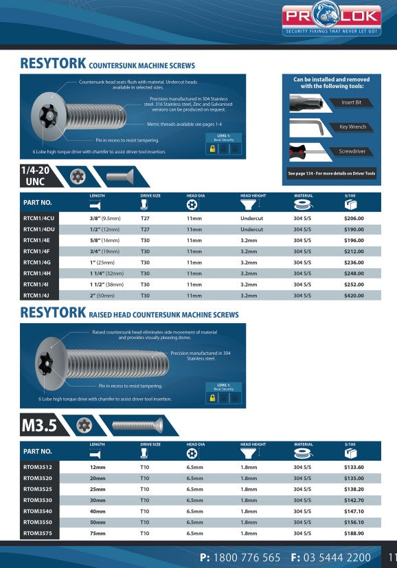 Resytork Raised Head Countersunk 304 Stainless STeel M3.5 Machine Screw Box of 100 - in Various Lengths