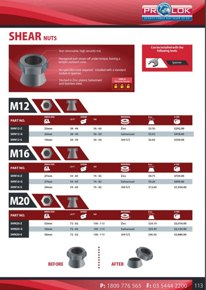 Prolok Security Shear Nut Box of 100 - 3 Material Options in Various Sizes