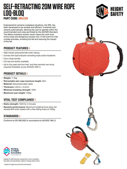 Linq Self-Retracting Wire Rope Loq-Bloq - 7m, 10m, 15m 20m and 30m options