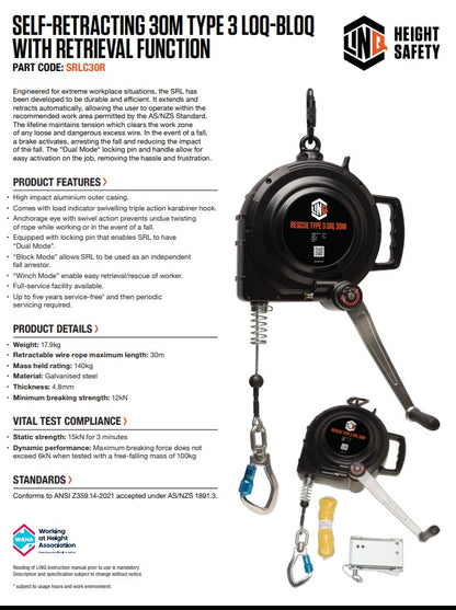 Linq Self-Retracting Type 3 Loq-Bloq with Retrieval Function - 10, 20 or 30m