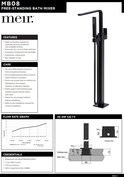 Meir Matte Black Square Freestanding Bath Spout and Hand Shower