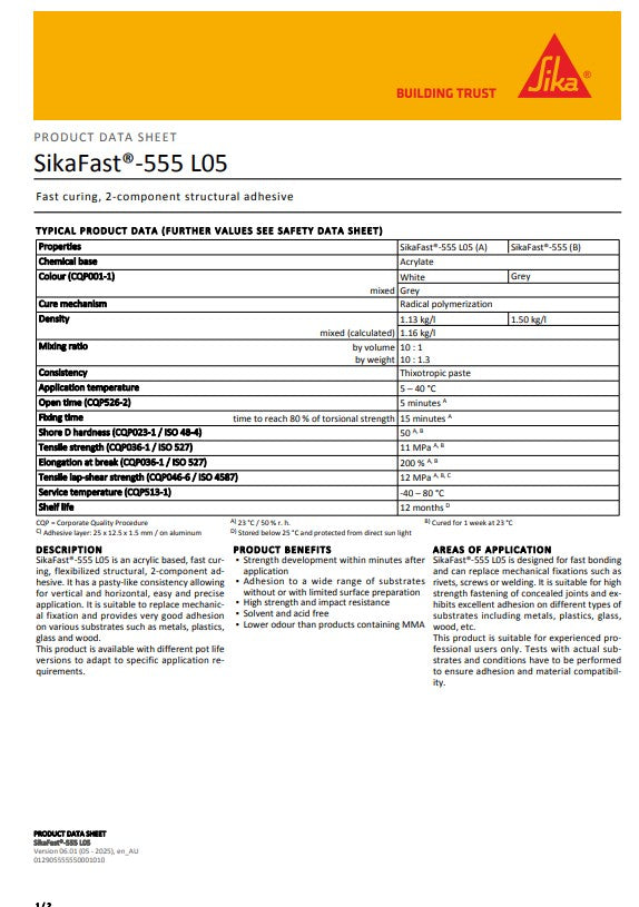 SikaFast-555 L05 Dual Cartridge 250ml  or 50ml - Box of 12