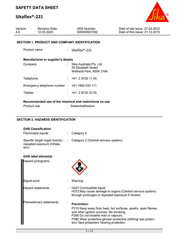 SikaFlex-221 310ml Cartridge or 600ml sausage