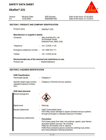 SikaFlex-221 310ml Cartridge or 600ml sausage