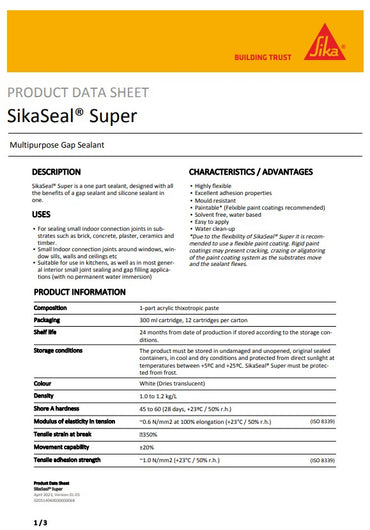 SikaSeal Super 200 Transparent 300ml Cartridge - Box of 12