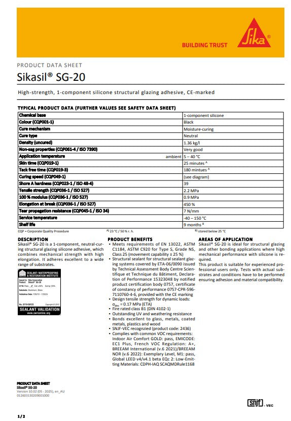 SikaSil SG-20 Black - 300g Cartridge or 600ml Sausage