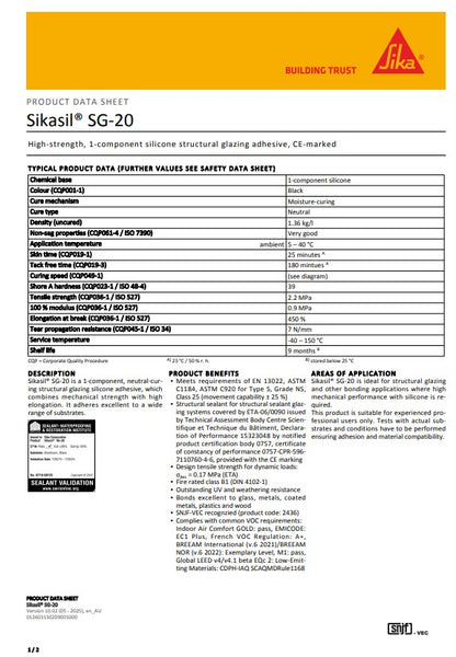 SikaSil SG-20 Black - 300g Cartridge or 600ml Sausage
