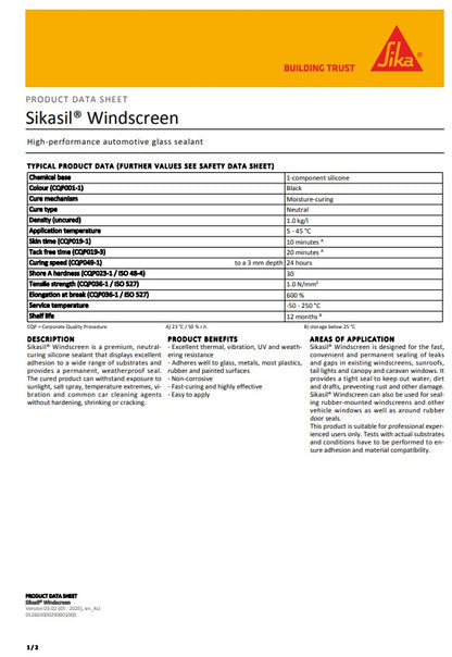SikaSil Windscreen 300g Black 300g Cartridge or 75g Blister Tube