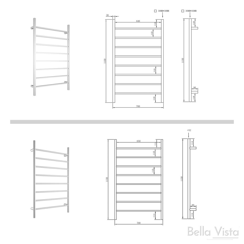 Bella Vista NON-Heated Square Bar Towel Rails 700 x 1150mm - Chrome or Black