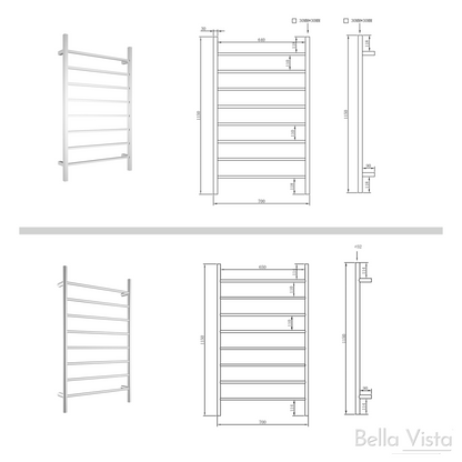 Bella Vista NON-Heated Square Bar Towel Rails 700 x 1150mm - Chrome or Black