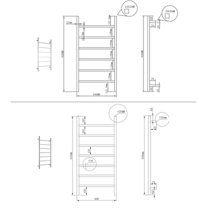 Bella Vista NON-Heated Square Bar Towel Rails 460 x 920mm - Chrome or Black