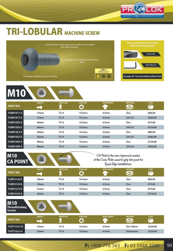 Tri-Lobular CA Point Machine Zinc Screw M10 Box of 100 - in Various Lengths