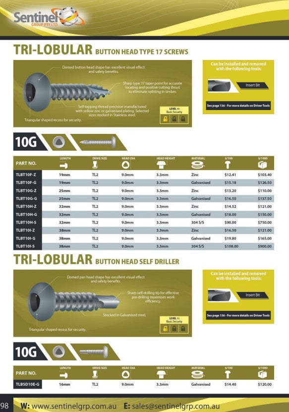 Tri-Lobular Button Head Type 17 Screw 10g Box of 1000 - 2 Material Options