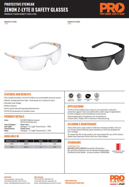 Zenon Z-Lyte Ii Safety Glasses - 12 Pairs in 2 Lens Colour Options