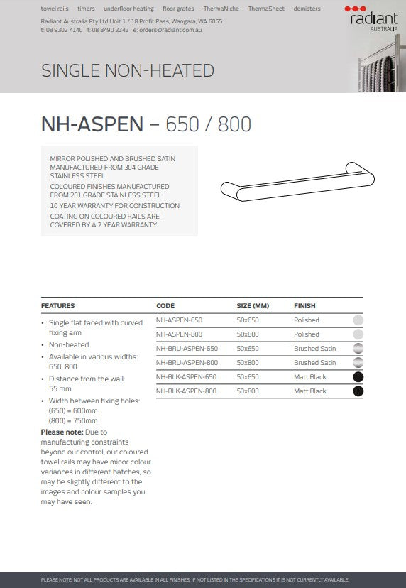 Radiant Single FLAT FACED ROUNDED END Bar NON-HEATED Towel Rails (NH-ASPEN) - Various Widths and Colour Finishes