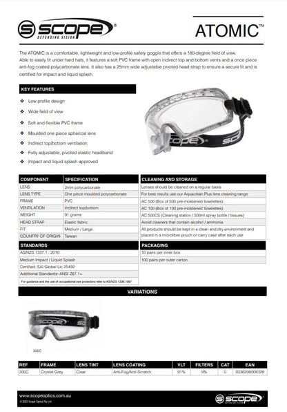 Scope AF/AS Clear Lens Safety Goggles - Choose the Frame Style to Suit